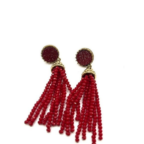 Red Drusey Gold Tone Earrings with Sparkling Long Beaded Tassels Rich Red Color - Picture 3 of 9